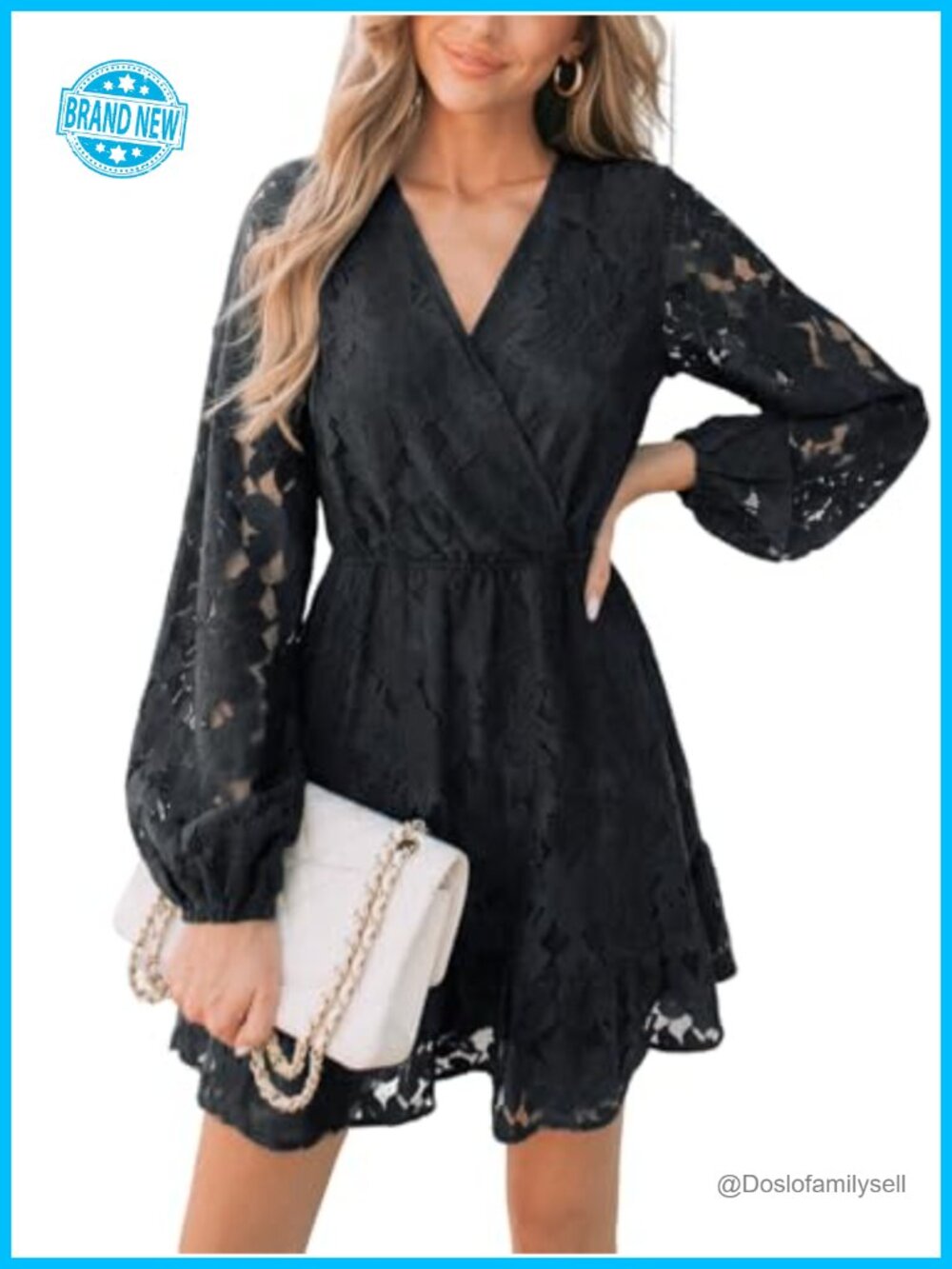 Women V Neck Lace Peasant Sleeve High Waist A-Line Mini Dress